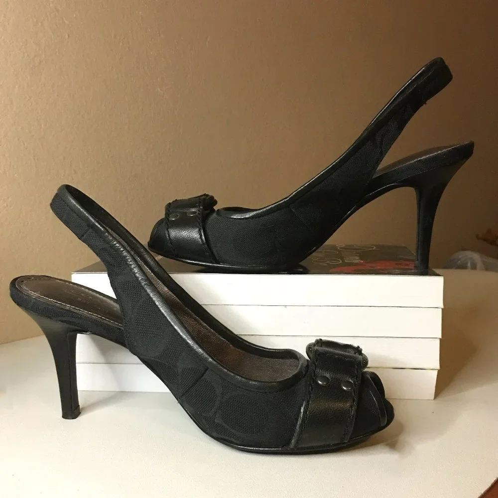 COACH "Diane" Logo'd Canvas & Leather Sling Back Heels 🐴 - Picture 2 of 15